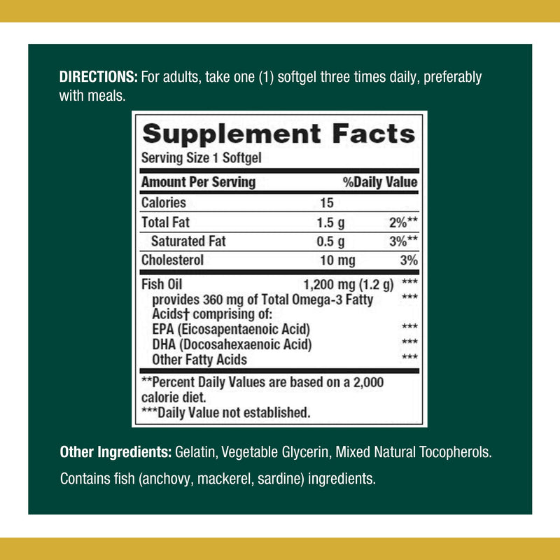 Nature's Bounty Fish Oil 1200 mg | 360 mg EPA/DHA per Softgel | 3 Pack (360 Softgels)
