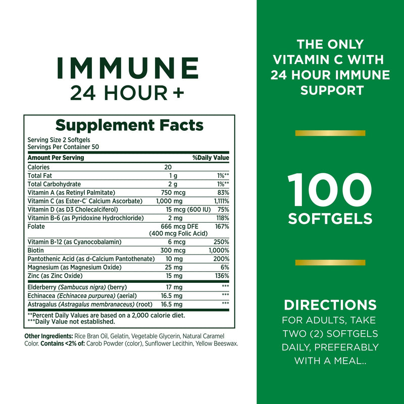 Nature's Bounty Immune 24 Hour+ Ester-C Vitamin C 1000mg Softgels with Zinc & Vitamin D - 100 Count
