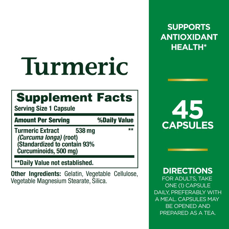 Nature's Bounty Turmeric Pills – 538 mg, 45 Capsules | Antioxidant Health