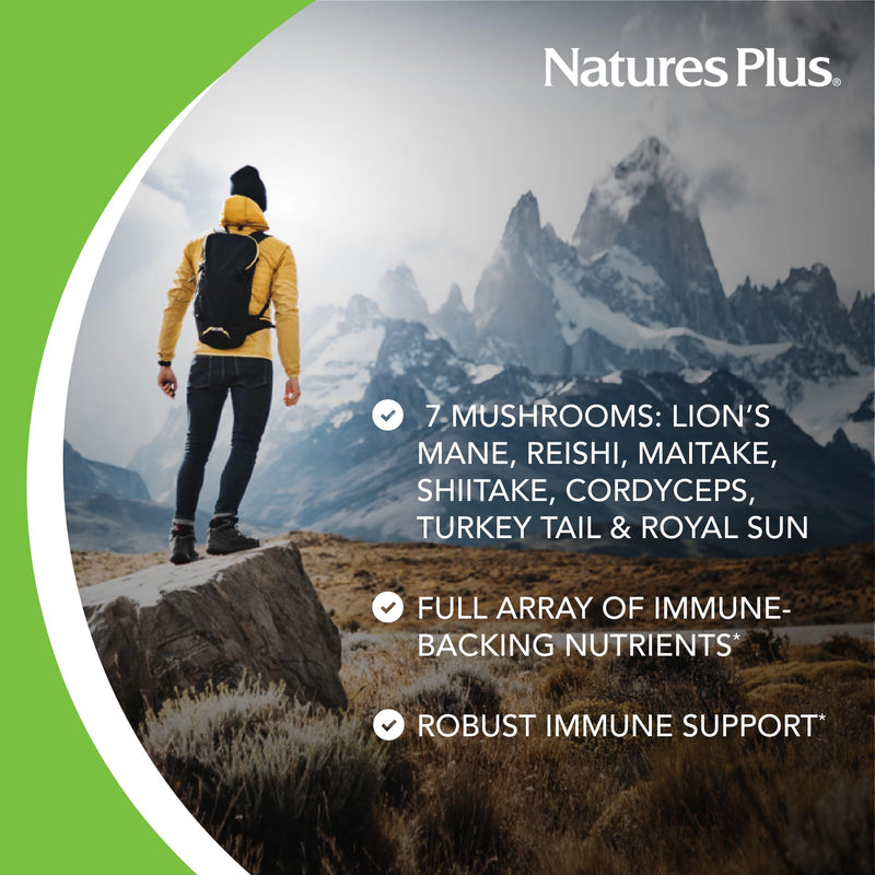 Natures Plus Immune Mushroom - 60 Capsules - Fruiting Body Immune Complex - from Seven Different Mushrooms - Delivers Key Micronutrients - Vegan, Gluten Free - 30 Servings