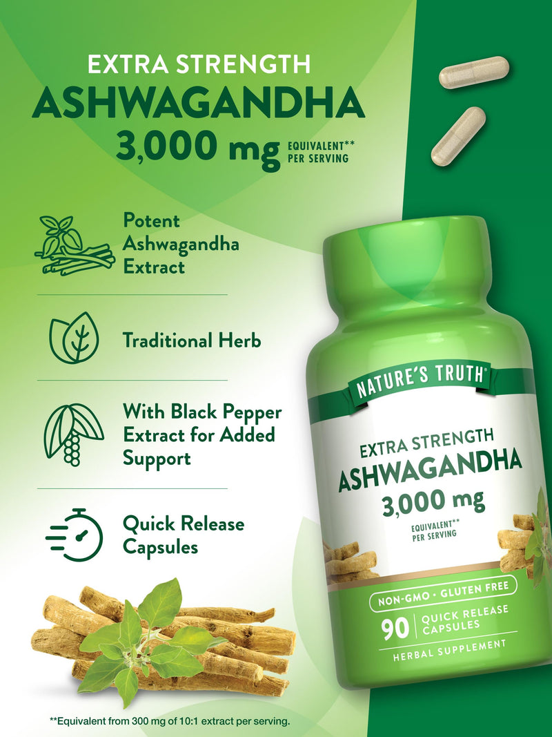 Nature's Truth Ashwagandha Capsules 3000mg – Extra Strength (90 Count) Pack of 2 | Black Pepper, Non-GMO & Gluten Free