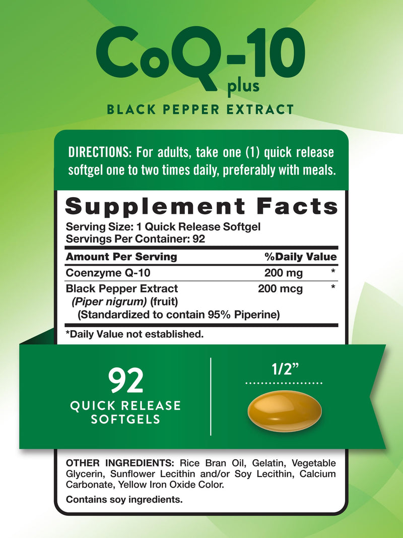 Nature's Truth CoQ10 200 mg Softgels | 92 Count | Enhanced Absorption | with Black Pepper Extract | Non-GMO & Gluten Free Supplement