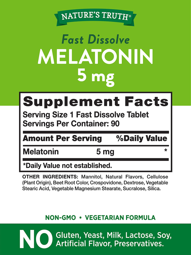 Nature's Truth Melatonin 5 mg | 180 Fast Dissolve Tablets (2 X 90 Twin Pack) | Natural Berry Flavor | Vegetarian, Non-GMO, Gluten Free Supplement (Pack of 2)