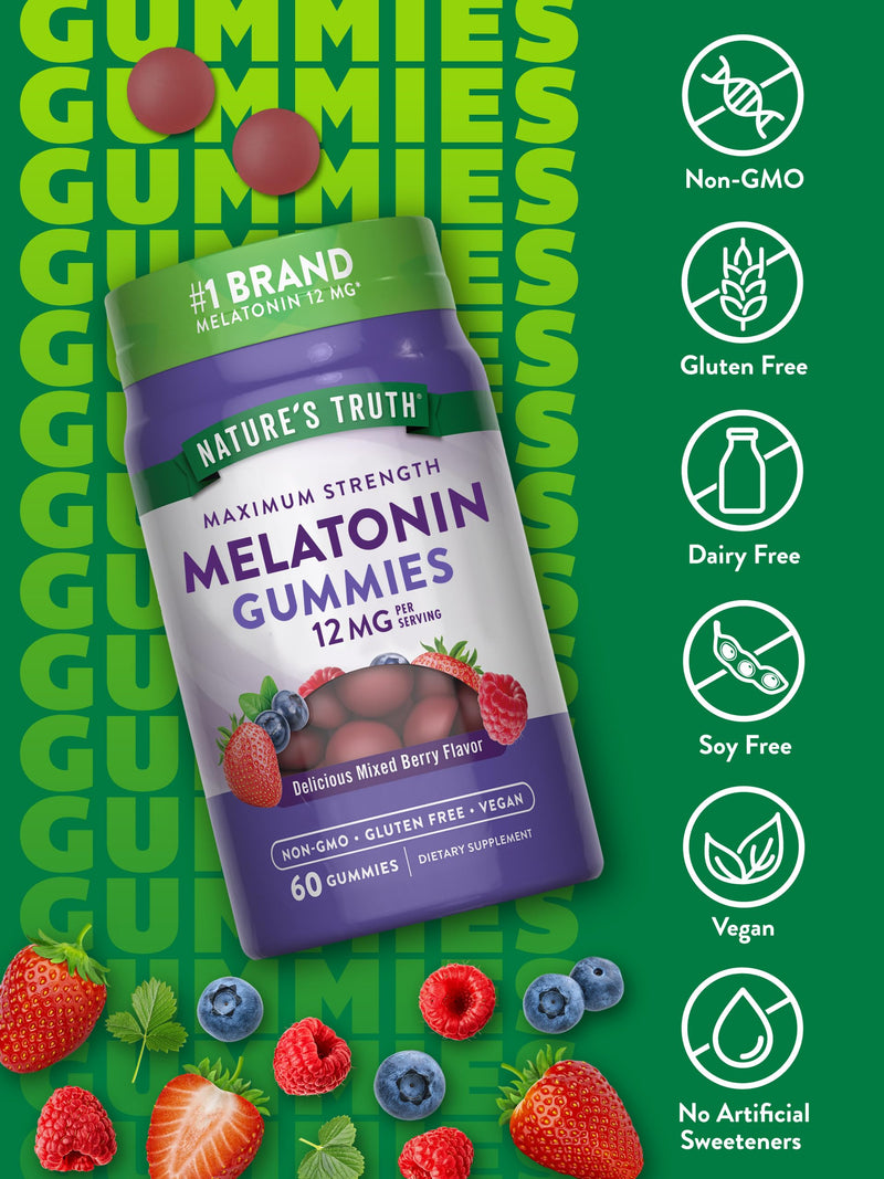 Nature's Truth Melatonin Gummies 12 mg | Mixed Berry – Vegan, Non-GMO & Gluten Free