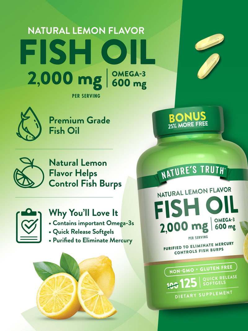 Nature's Truth Omega-3 Fish Oil 2000 mg | 125 Softgels | Lemon | Non-GMO & Gluten Free