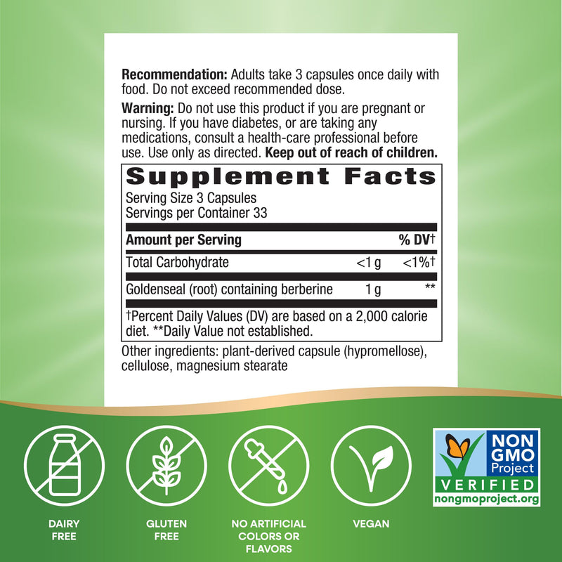Nature's Way Goldenseal Root, Traditional Digestive Support*, Contains Berberine, Non-GMO Project Verified, Vegan, 100 Capsules (Packaging May Vary)