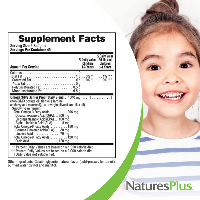 Natures Plus Animal Parade Omega 3/6/9 Junior – Lemon Flavor | 90 Softgels