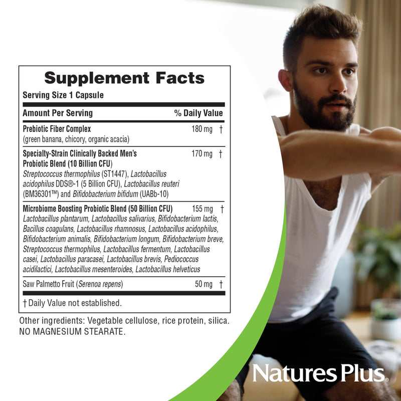 Natures Plus GI Natural Probiotic Men - 30 Capsules | Digestive & Prostate Health, Immune Strength, Gluten Free