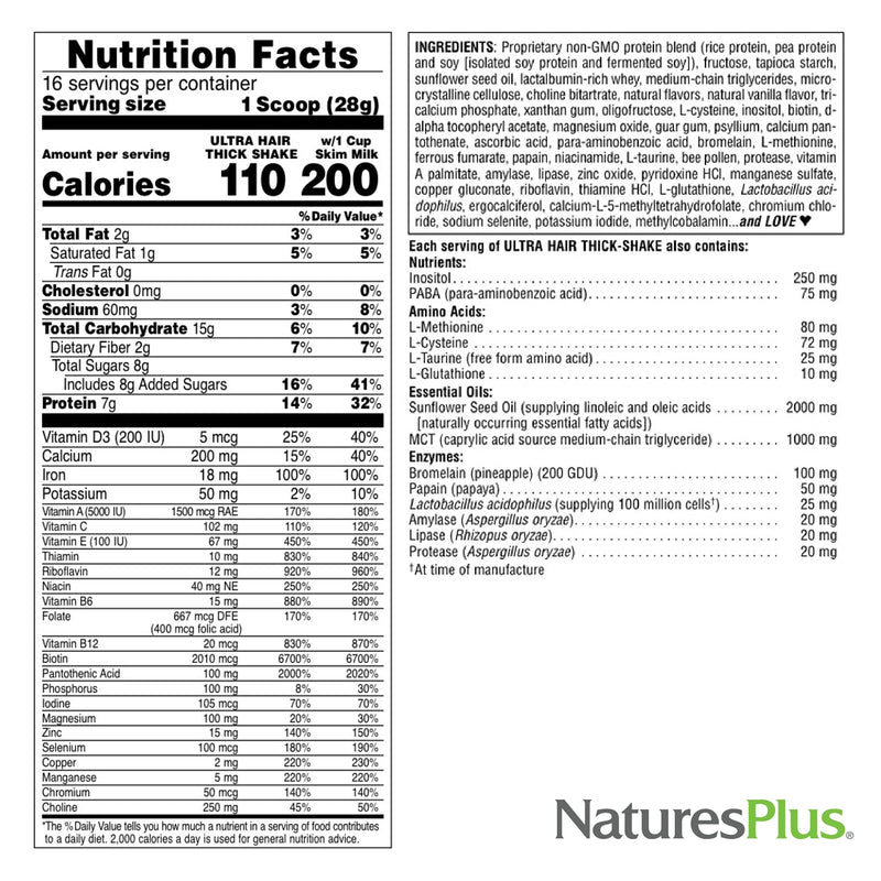 Natures Plus Ultra Hair Thick Shake - 1 lb | French Vanilla Hair Growth Shake