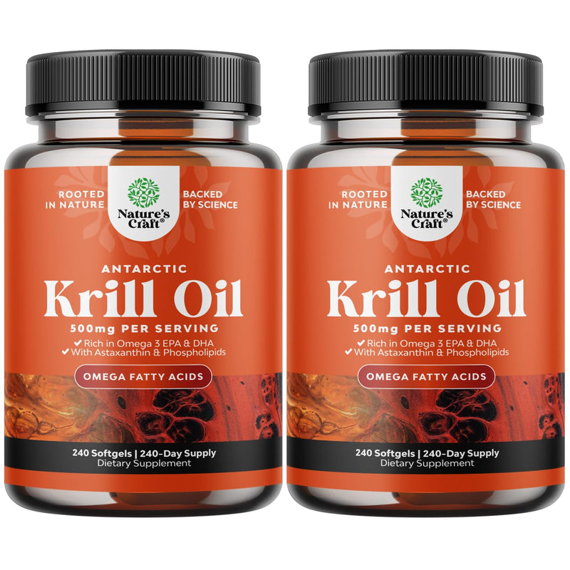 Natures Craft Antarctic Krill Oil 500mg Softgels - Omega-3 EPA/DHA + Astaxanthin - 2-Pack