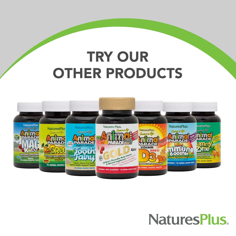 NaturesPlus Animal Parade Children's Multivitamin - 180 Animal-Shaped Chewables (90 Servings) | Vegetarian & Gluten Free
