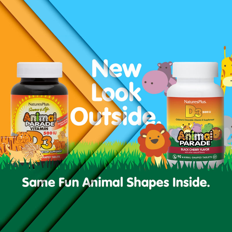 NaturesPlus Animal Parade Vitamin D3 for Kids – 500 IU, Gluten Free, Vegetarian, Black Cherry Flavor – 180 Servings (2 x 90)