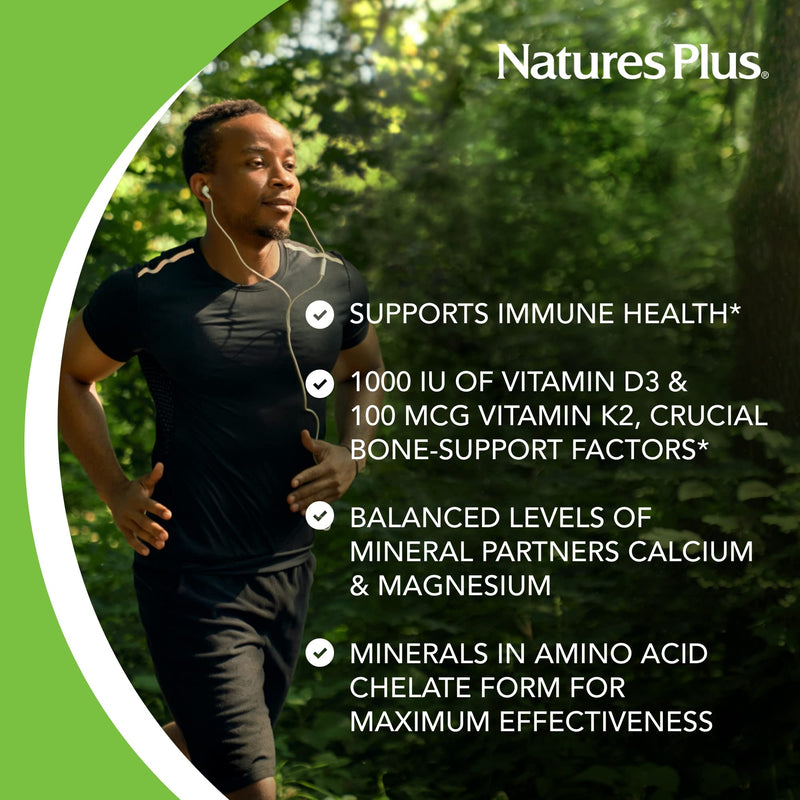 NaturesPlus Calcium Magnesium Vitamin D3 with Vitamin K2 – Bone & Immune Support (Vegetarian, Gluten Free) – 90 Tablets