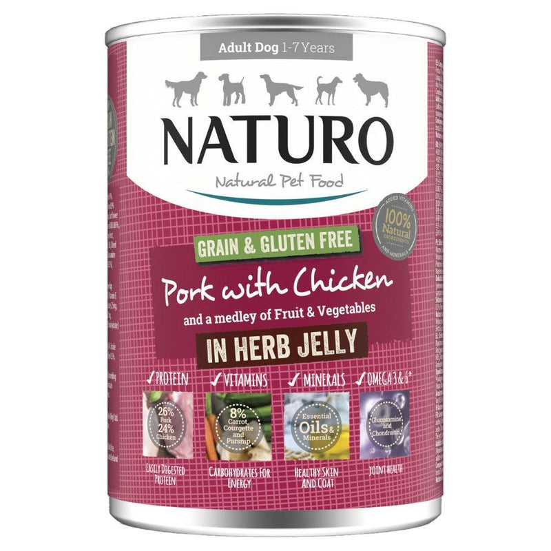 Naturo Adult Grain & Gluten Free Pork with Chicken in Herb Jelly Tin 390g