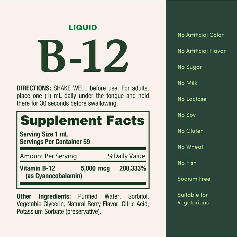 Nature’s Bounty Vitamin B-12 Sublingual Liquid 5000 mcg – Berry Flavor | 2 oz
