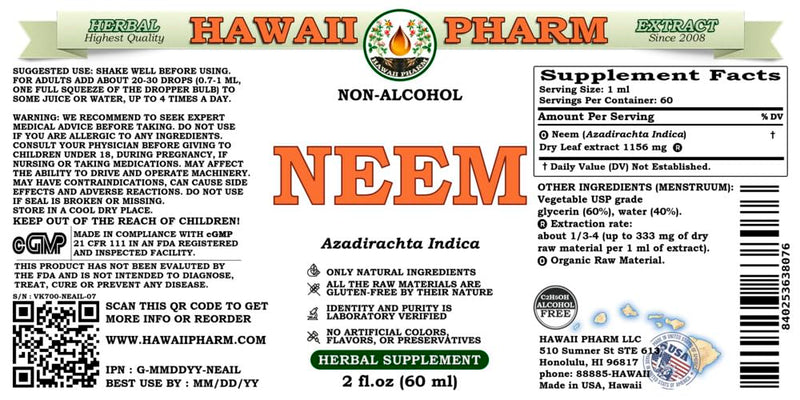 Neem Alcohol-Free Liquid Extract - Organic Neem (Azadirachta Indica) Dried Leaf Glycerite - Hawaii Pharm USA 2 fl.oz