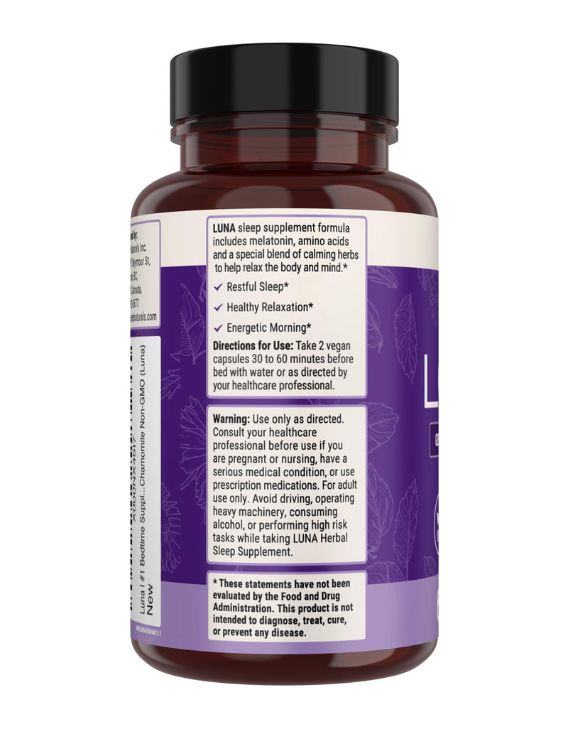 Nested Naturals Luna Sleep Aid - Non-Habit Forming Sleep Support with Valerian, Melatonin, Chamomile & More - 60 Vegan Capsules