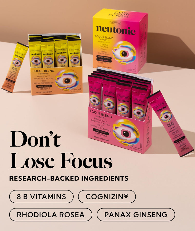 Neutonic Nootropic Focus Blend Powder | Peach Mango & Wild Berry, 32 Sticks | Caffeine Free