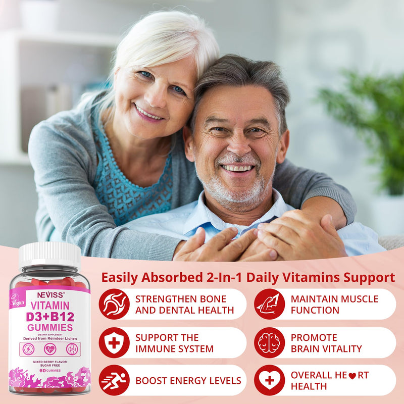 NEVISS Vegan Vitamin D3 + B12 Gummies (2Pack) – 5000 IU D3 & 1000 mcg B12, 120 Count