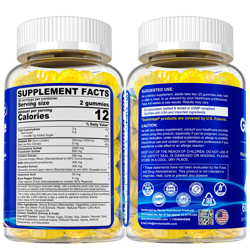 NEVISS Glucosamine 2000mg Gummies – Extra Strength with Chondroitin, MSM, Turmeric, Boswellia, Hyaluronic Acid, Vitamin D3 & Zinc | Pineapple 60 Gummies