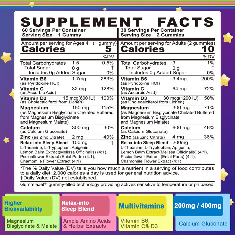 Neviss Magnesium Glycinate + Calcium Gummies for Adults & Kids 4+ | Sleep Support (Sugar Free)