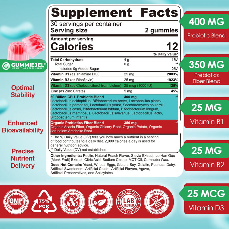 NEVISS Probiotic + Prebiotic Gummies 60 Count  
40 Sugar Free, 50B CFUs, 4+ Adults & Kids