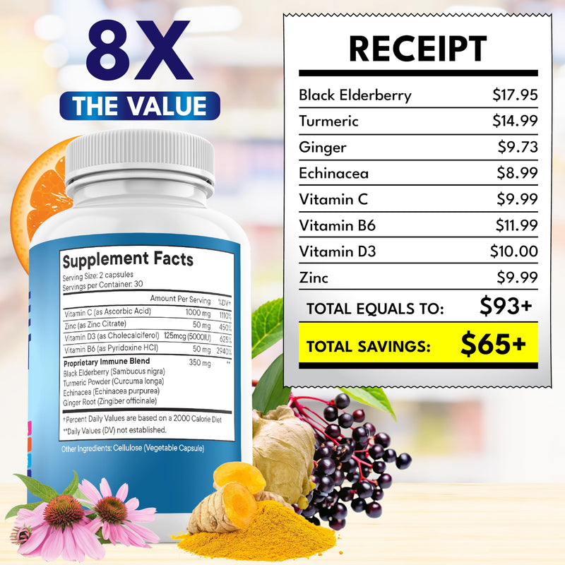 NEW AGE 8-in-1 Immune Support Capsules – Vitamin C, D3, Zinc, Elderberry (Pack of 5)