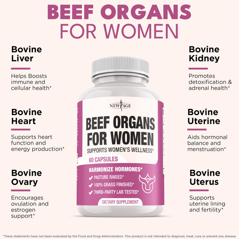 NEW AGE Beef Organ Supplement for Women - Grass-Fed, Pasture Raised - 60 Capsules