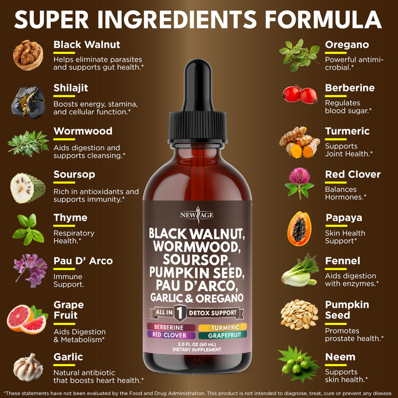 NEW AGE Black Walnut Wormwood Cleanse Drops – Herbal Liquid Tincture, 8oz