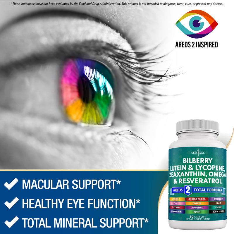 NEW AGE Eye Health Vitamins – Bilberry, Lutein & Zeaxanthin, AREDS 2 Blend, 180 Count
