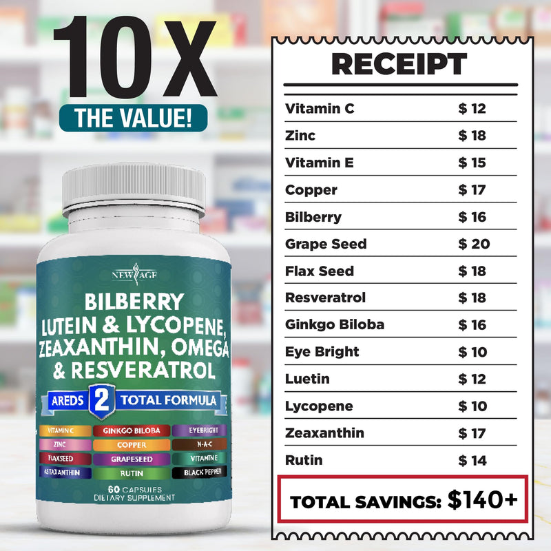 NEW AGE Eye Health Vitamins – Bilberry, Lutein & Zeaxanthin, AREDS 2 Blend, 180 Count