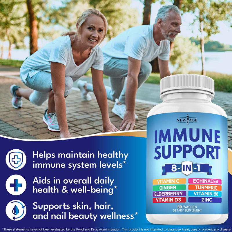 NEW AGE 8 in 1 Immune Support Booster – Vitamin D 5000 IU, Vitamin C 1000 mg, Zinc 50 mg, Elderberry & Echinacea – 180 Capsules (Pack of 3)