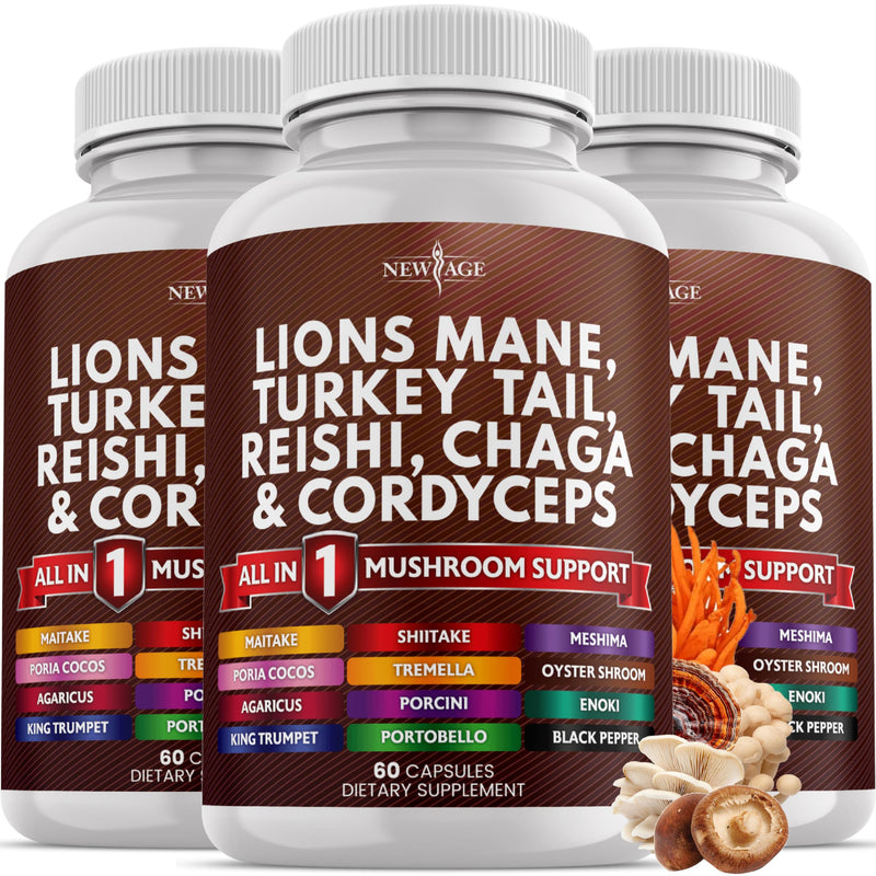 NEW AGE Lions Mane 20-in-1 Mushroom Supplement with Turkey Tail, Reishi, Chaga, Cordyceps, Marshmallow Root – 180 Count