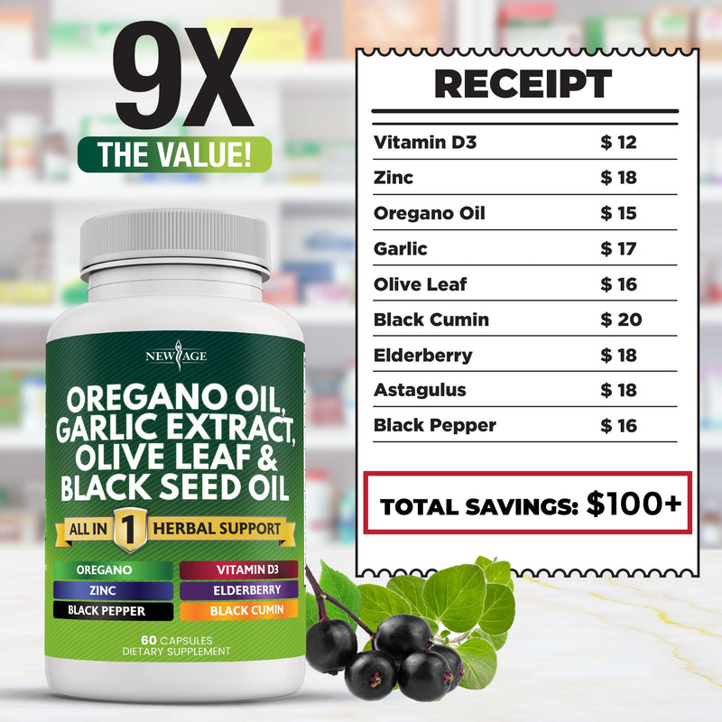 NEW AGE Oregano Oil Garlic Extract Olive Leaf with Astragalus – 180 Count for Men & Women