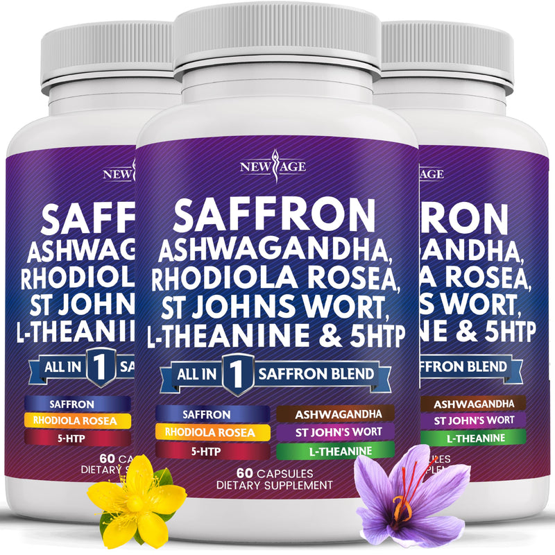 NEW AGE Saffron Supplements with Ashwagandha - 180 Count | L-Theanine, Ginkgo Biloba, St. John's Wort, Rhodiola & 5-HTP
