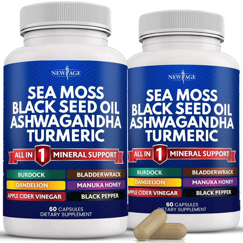 NEW AGE Sea Moss Capsules with Black Seed Oil, Ashwagandha & Turmeric – Gluten Free