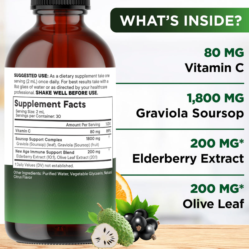 NEW AGE Soursop Drops - Soursop Bitters Liquid with Soursop Fruit and Leaves, Elderberry, Vitamin C and Olive Leaf - Multimineral & Vitamins Superfood - 2 oz