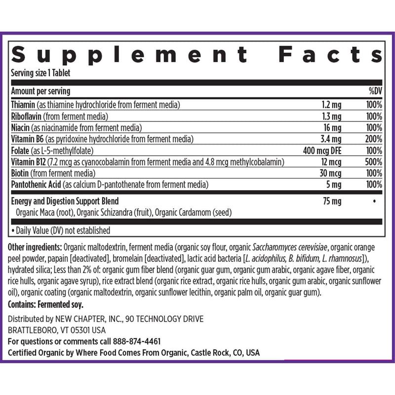 New Chapter Vitamin B Complex, Fermented Vitamin B Complex, USDA Organic, ONE Daily for Cellular Energy + Brain + Beauty, 100% Vegan, Gluten-Free - 60 Count