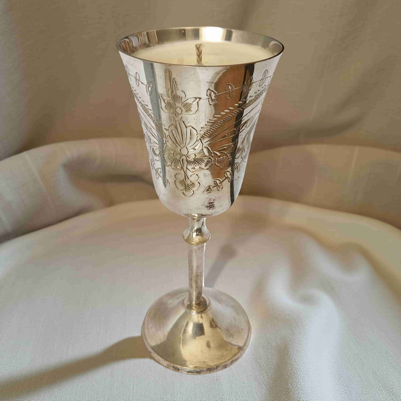 Repurposed Engraved Silver Goblet Candle - Walled Garden