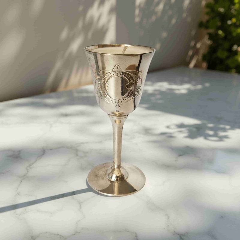 Repurposed Engraved Silver Goblet Candle - Walled Garden
