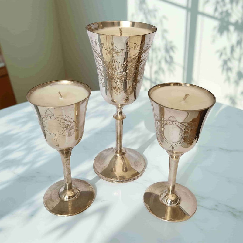 Repurposed Engraved Silver Goblet Candle - Walled Garden