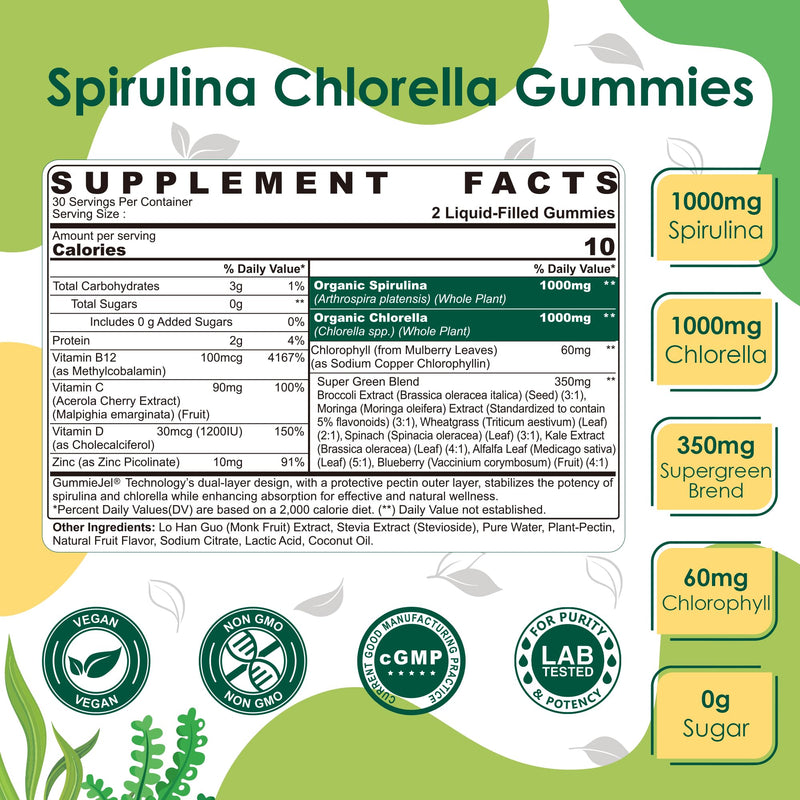 Nextdia (2 Pack) Organic Spirulina + Chlorella Gummies – Vegan Protein & Supergreens