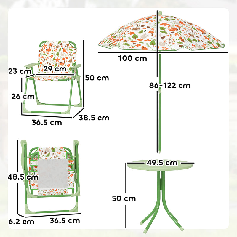 AIYAPLAY Kids Garden Table and Chair Set, Outdoor Patio Set w/ Parasol Green