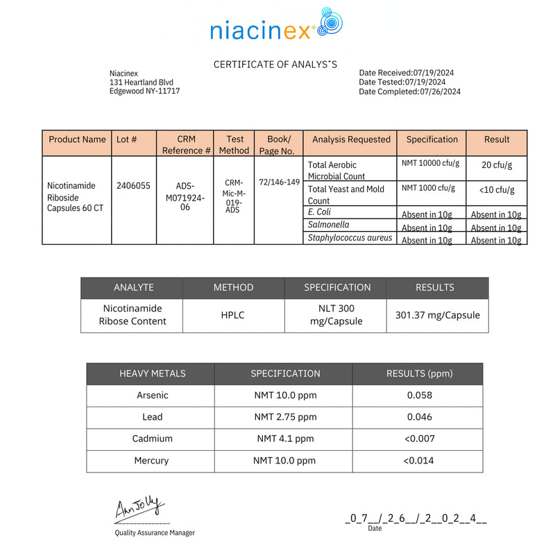 Niacinex NAD+ NR Supplement - 600mg Nicotinamide Riboside - Healthy Aging, Clarity & Energy - 60 Capsules - Made in USA