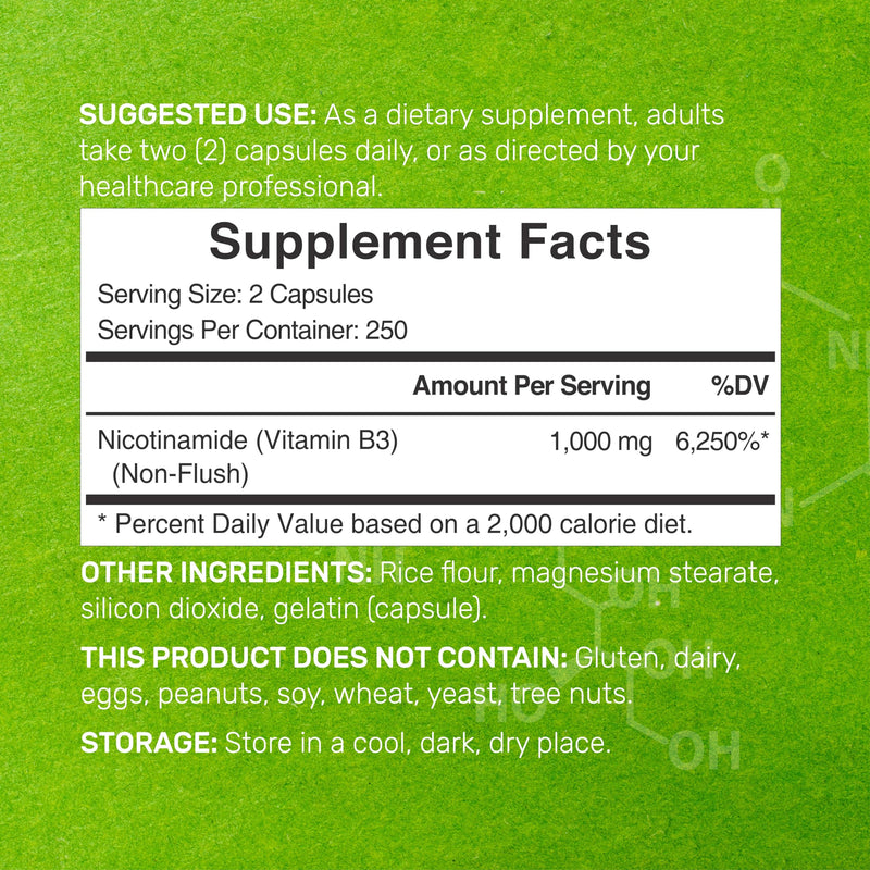 Vitamin B3 Nicotinamide 1,000mg Per Serving – 500 Capsules, Flush Free Niacin, Essential B3 – Supports Healthy Skin & Energy Production – Non-GMO