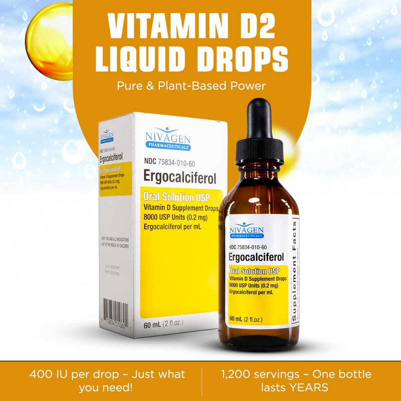 Nivagen Vitamin D2 Liquid Drops – 8,000 IU, 60ml, 1,200 Servings | Made in USA
