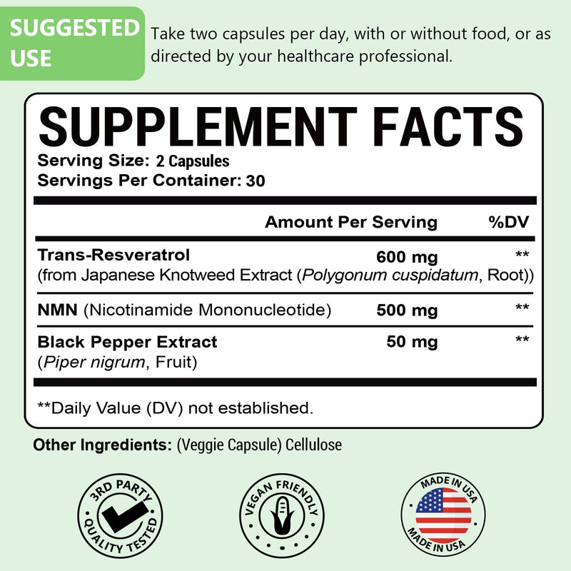 99% Ultra Purity NMN 500mg + Trans-Resveratrol 600mg - 1150mg NMN Resveratrol Supplement | 3-in-1 Formula | 60 Caps