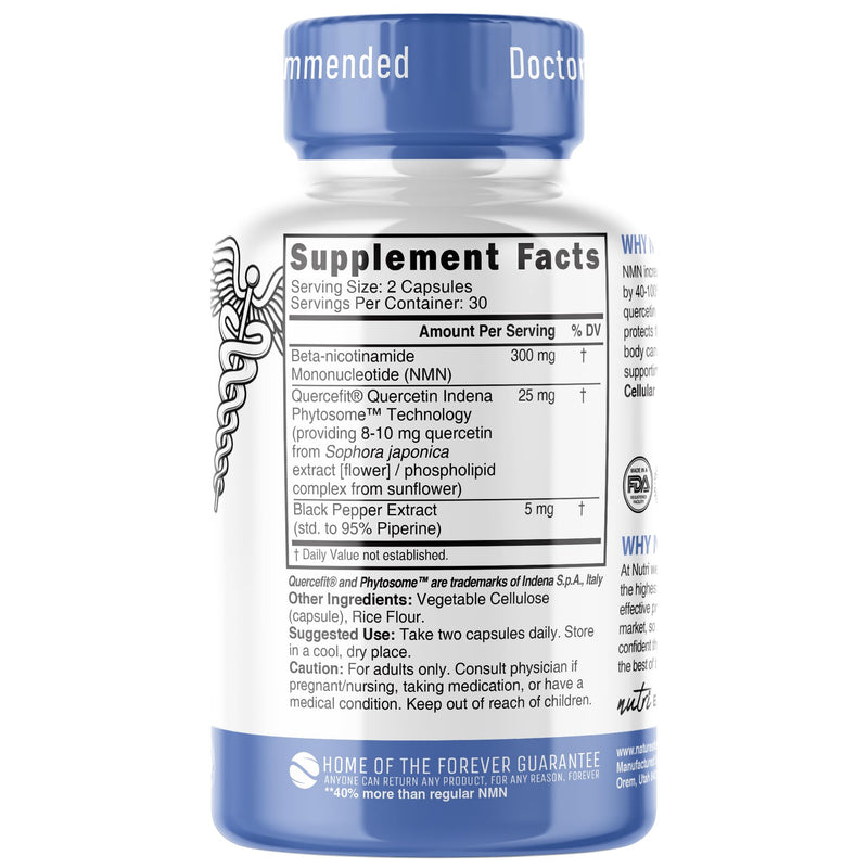 NMN Supplement 300mg NAD Supplement - Nutri Ultra High Absorption Stabilized NMN Nicotinamide Mononucleotide, 40% More NAD+ with Quercetin Phytosome & Black Pepper - mnm supplement (60 Capsules)