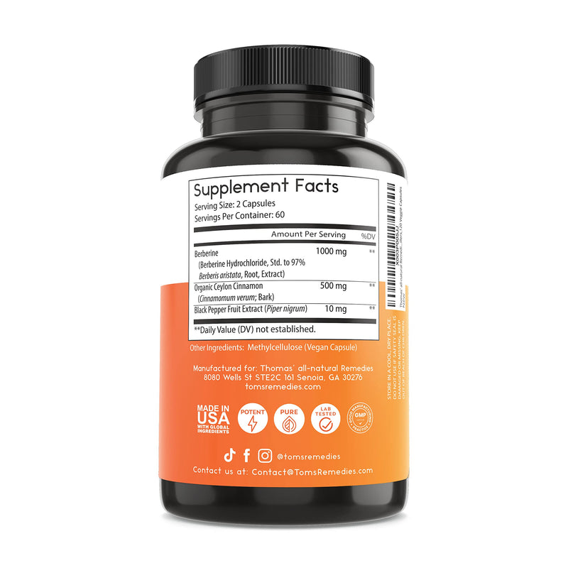 Thomas' All-Natural Berberine 500mg (1000mg per serving) - 120 Vegan Capsules