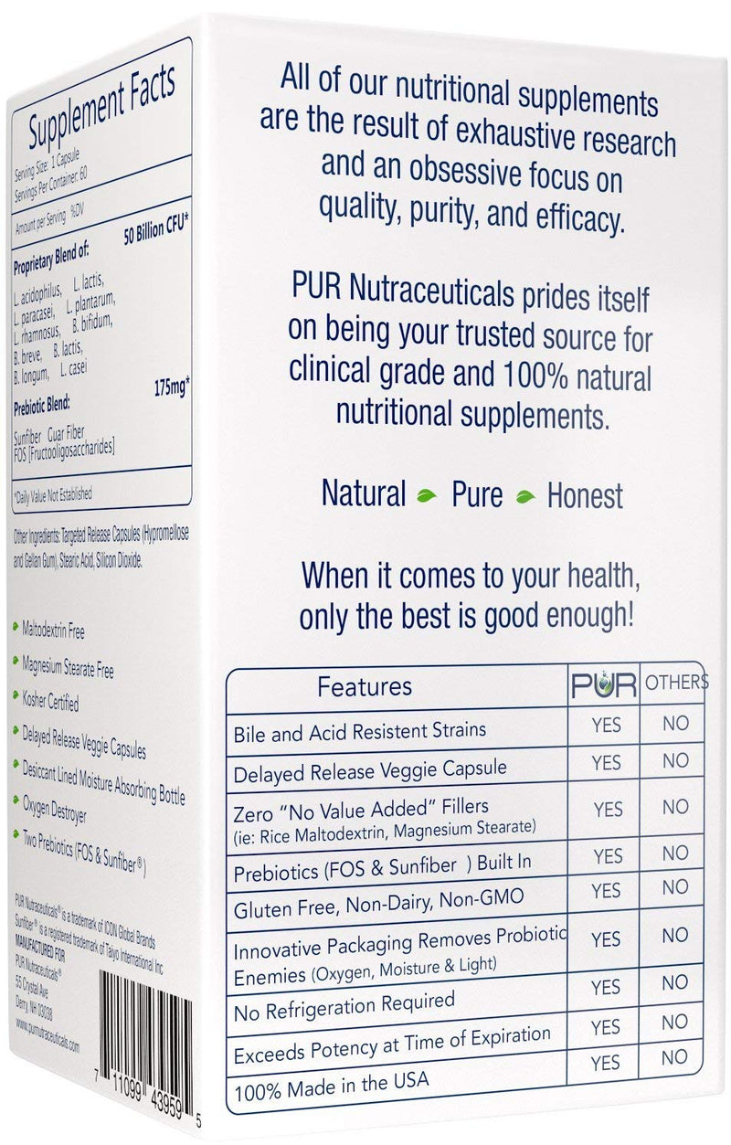 PUR Nutraceuticals Clinical Grade Probiotics - 50 Billion CFUs, 10 Strains, 2 Month Supply, Made in USA